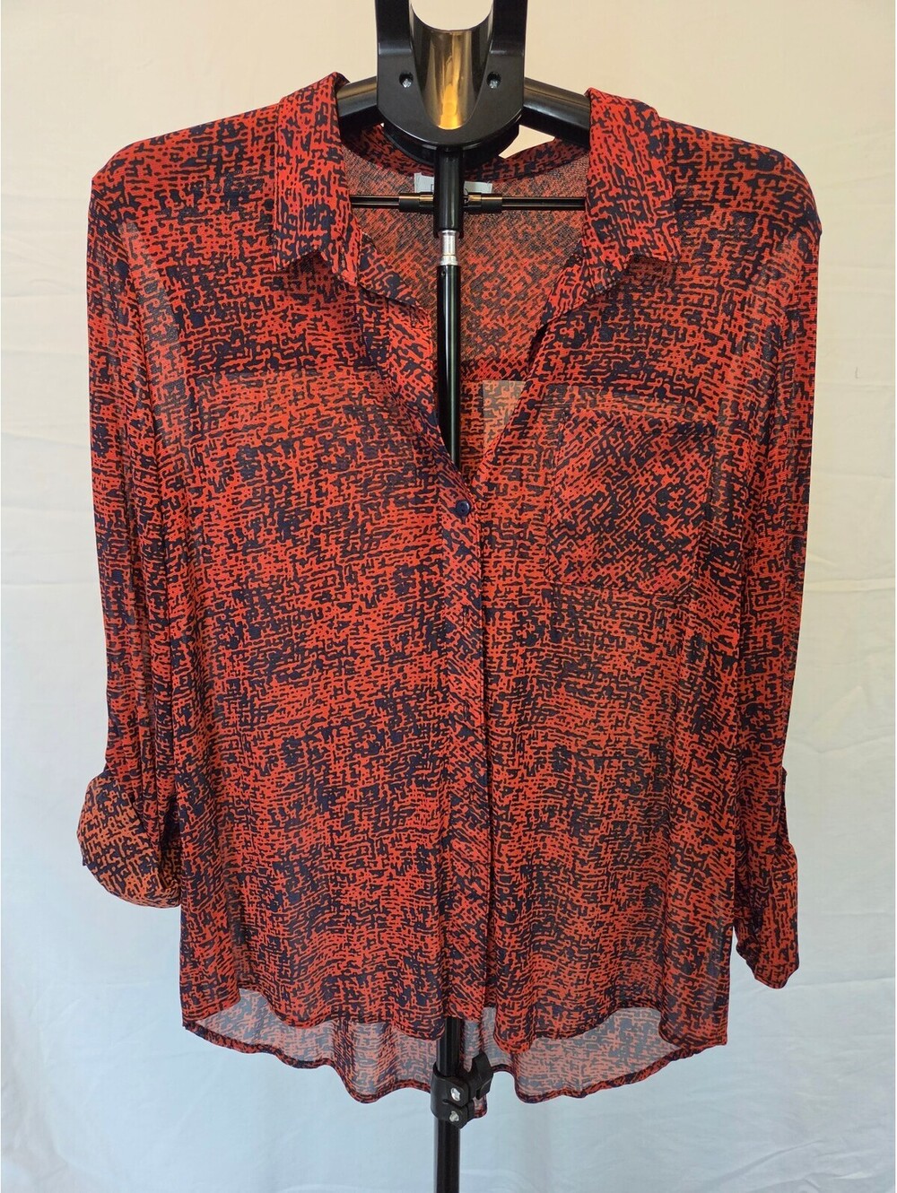 Eden & Olivia Women's Sheer Orange and Black Patterned Button-Up Blouse, Size M